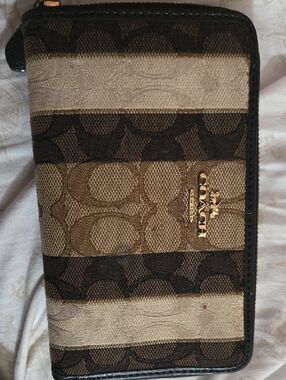 Coach Brown and Tan Striped Signature Zip Wallet